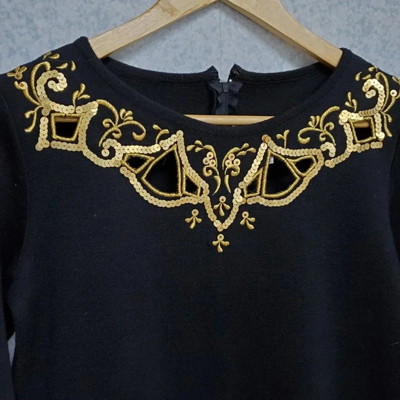 Outlander Petites Size M/L Black Cocktail Dress, Gold sequins and embroidery - Picture 3 of 5